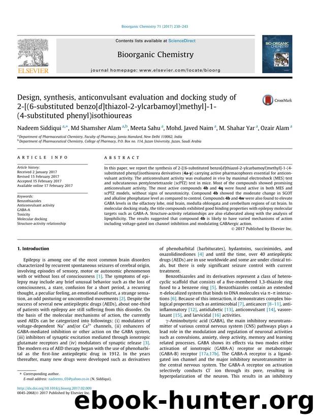 Design, synthesis, anticonvulsant evaluation and docking study of 2-[(6-substituted benzo[d]thiazol-2-ylcarbamoyl)methyl]-1-(4-substituted phenyl)isothioureas by Nadeem Siddiqui & Md Shamsher Alam & Meeta Sahu & Mohd. Javed Naim & M. Shahar Yar & Ozair Alam