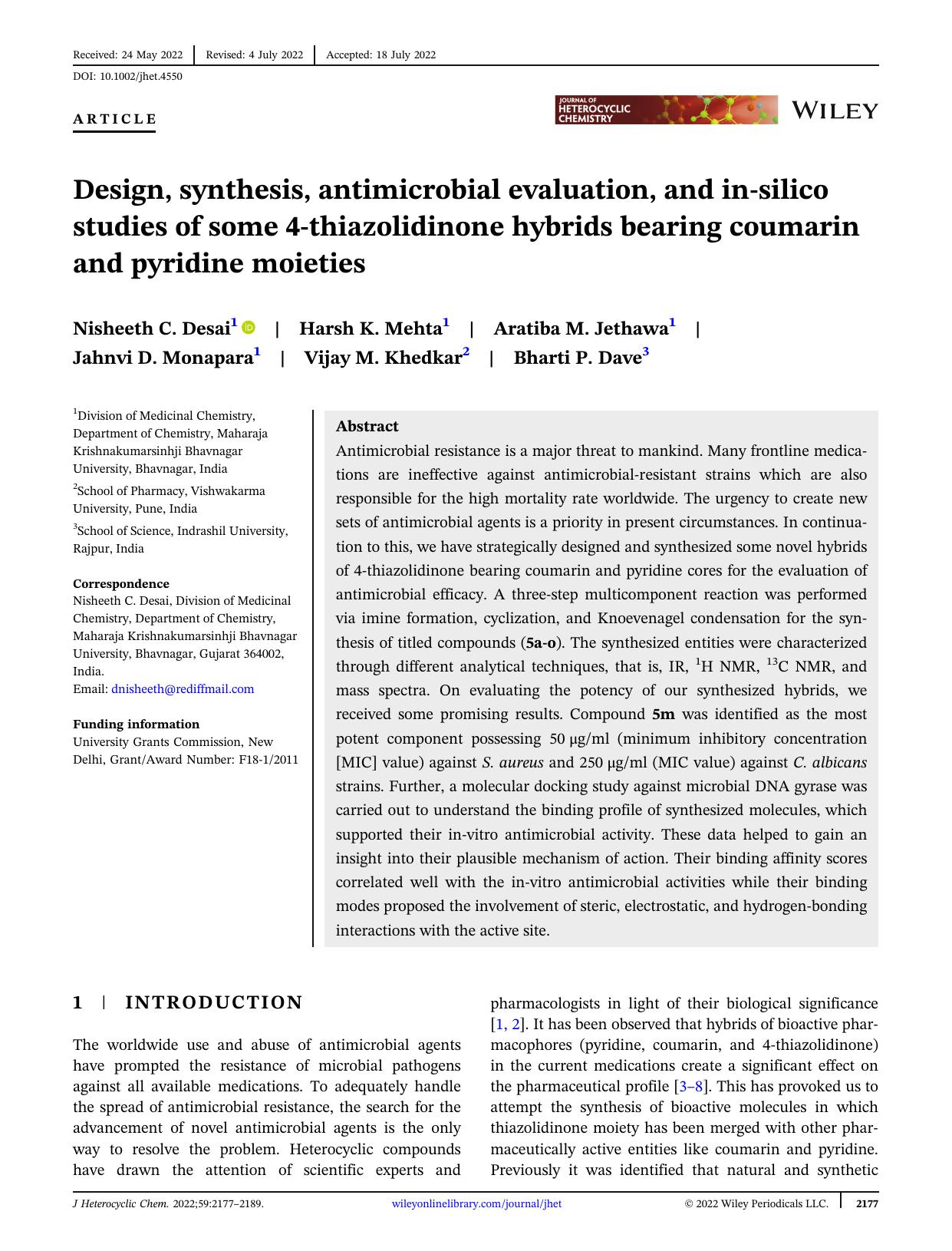 Design, synthesis, antimicrobial evaluation, and in-silico studies of some 4-thiazolidinone hybrids bearing coumarin and pyridine moieties by Unknown