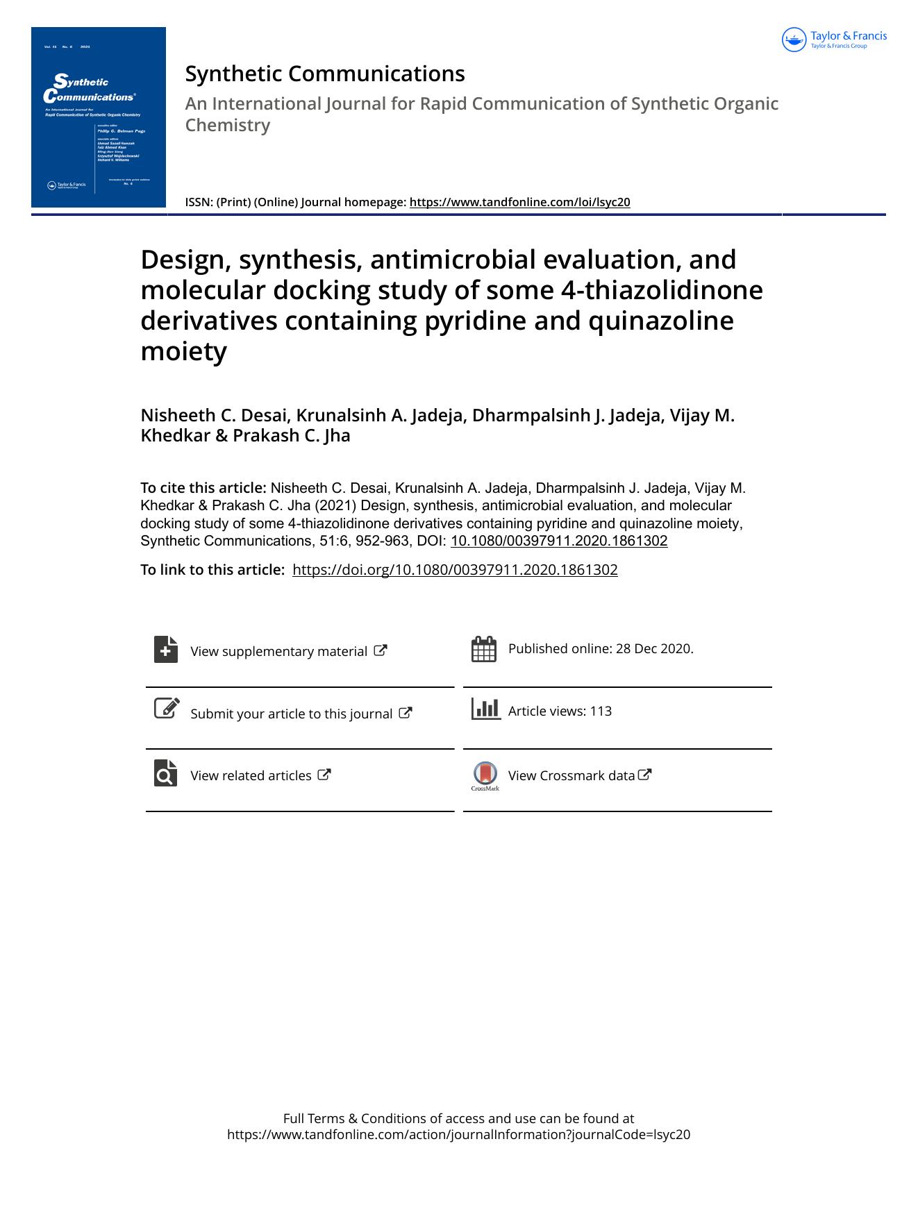 Design, synthesis, antimicrobial evaluation, and molecular docking study of some 4-thiazolidinone derivatives containing pyridine and quinazoline moiety by unknow