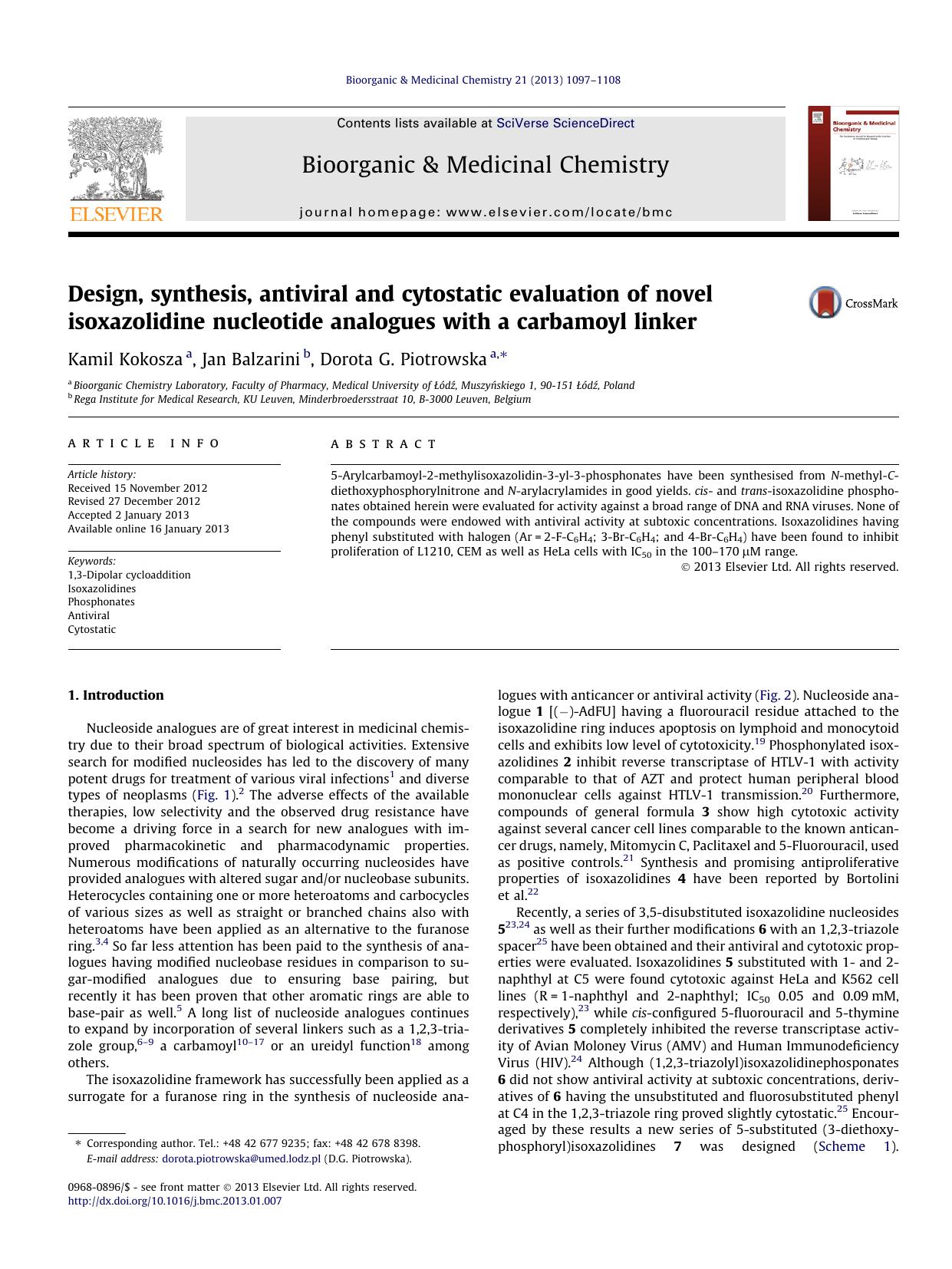Design, synthesis, antiviral and cytostatic evaluation of novel isoxazolidine nucleotide analogues with a carbamoyl linker by Kamil Kokosza & Jan Balzarini & Dorota G. Piotrowska