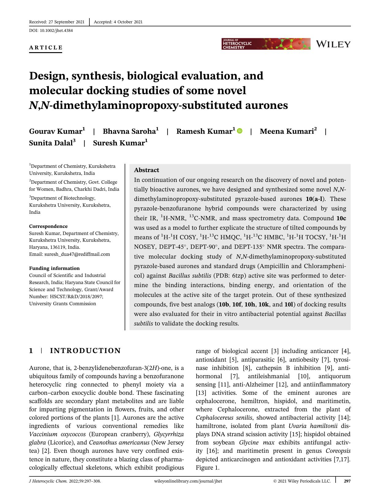 Design, synthesis, biological evaluation and molecular docking studies of some novel N,N-dimethylaminopropoxy substituted aurones by Unknown