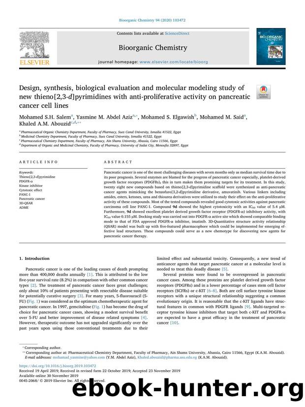 Design, synthesis, biological evaluation and molecular modeling study of new thieno[2,3-d]pyrimidines with anti-proliferative activity on pancreatic cancer cell lines by unknow