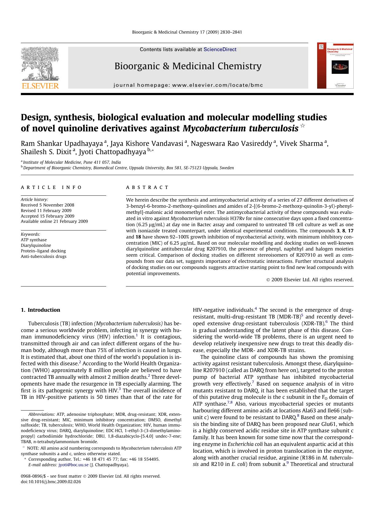 Design, synthesis, biological evaluation and molecular modelling studies of novel quinoline derivatives against Mycobacterium tuberculosis by unknow