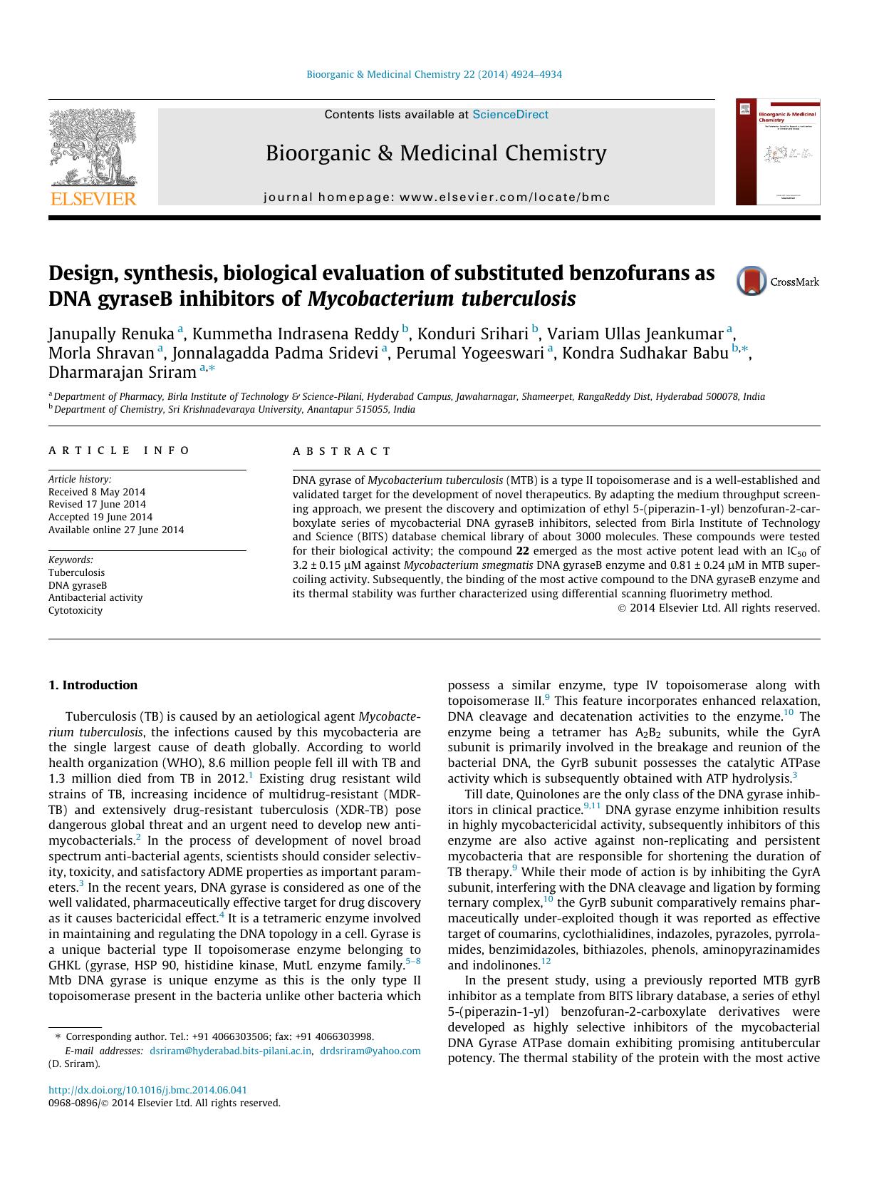Design, synthesis, biological evaluation of substituted benzofurans as DNA gyraseB inhibitors of Mycobacterium tuberculosis by unknow