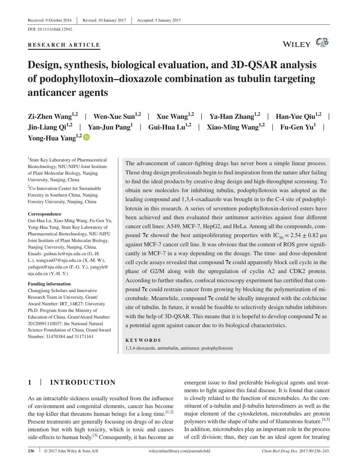 Design, synthesis, biological evaluation, and 3D‐QSAR analysis of podophyllotoxin–dioxazole combination as tubulin targeting anticancer agents by unknow