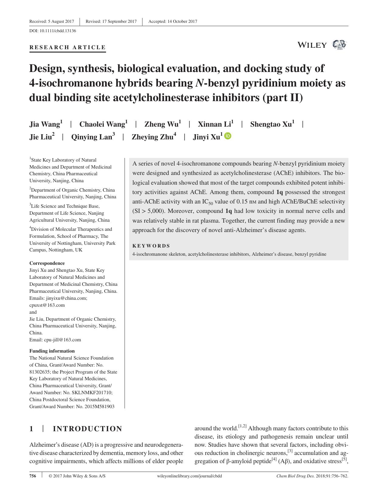 Design, synthesis, biological evaluation, and docking study of 4‐isochromanone hybrids bearing N‐benzyl pyridinium moiety as dual binding site acetylcholinesterase inhibitors (part II) by unknow