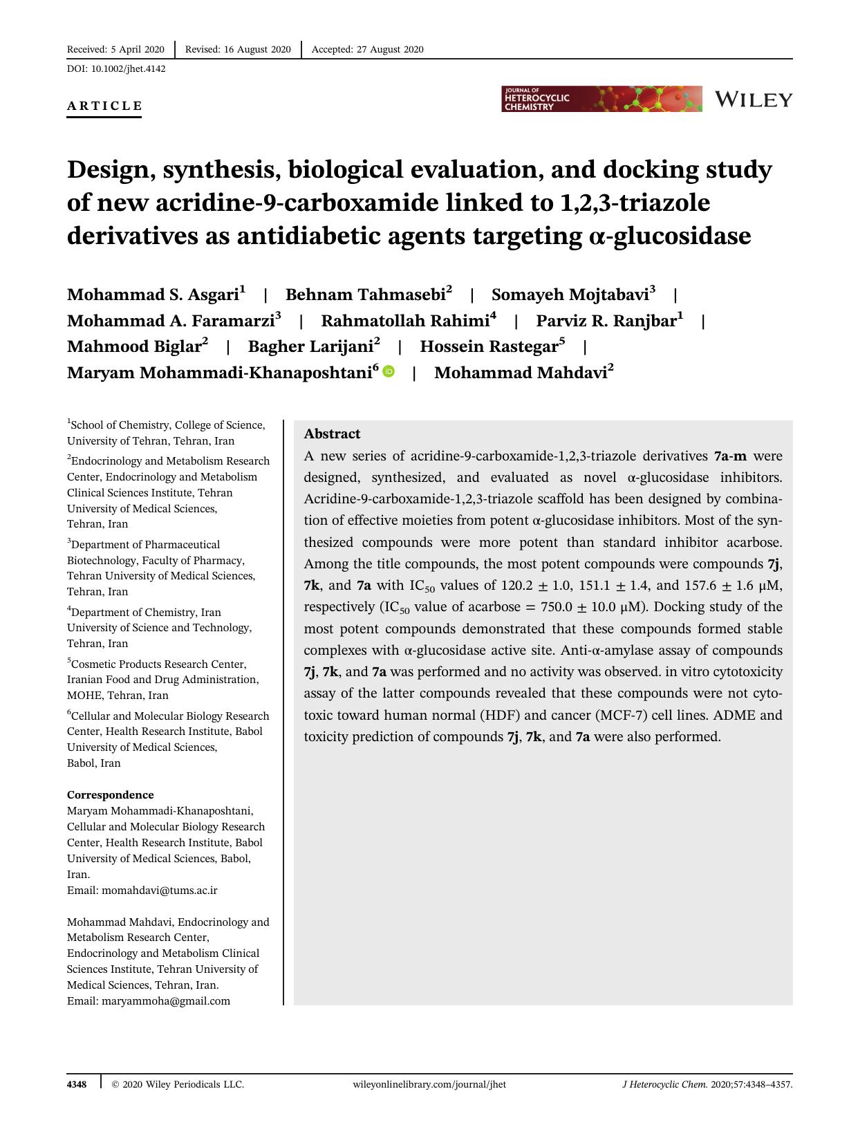 Design, synthesis, biological evaluation, and docking study of new acridine-9-carboxamide linked to 1,2,3-triazole derivatives as antidiabetic agents targeting Î±-glucosidase by Unknown