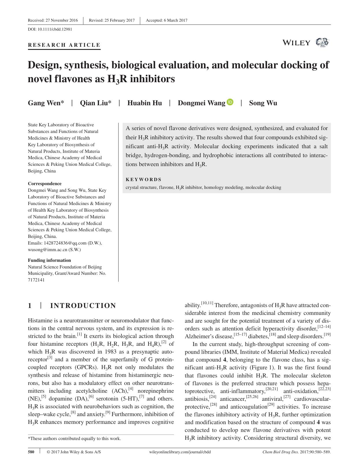 Design, synthesis, biological evaluation, and molecular docking of novel flavones as H3R inhibitors by unknow
