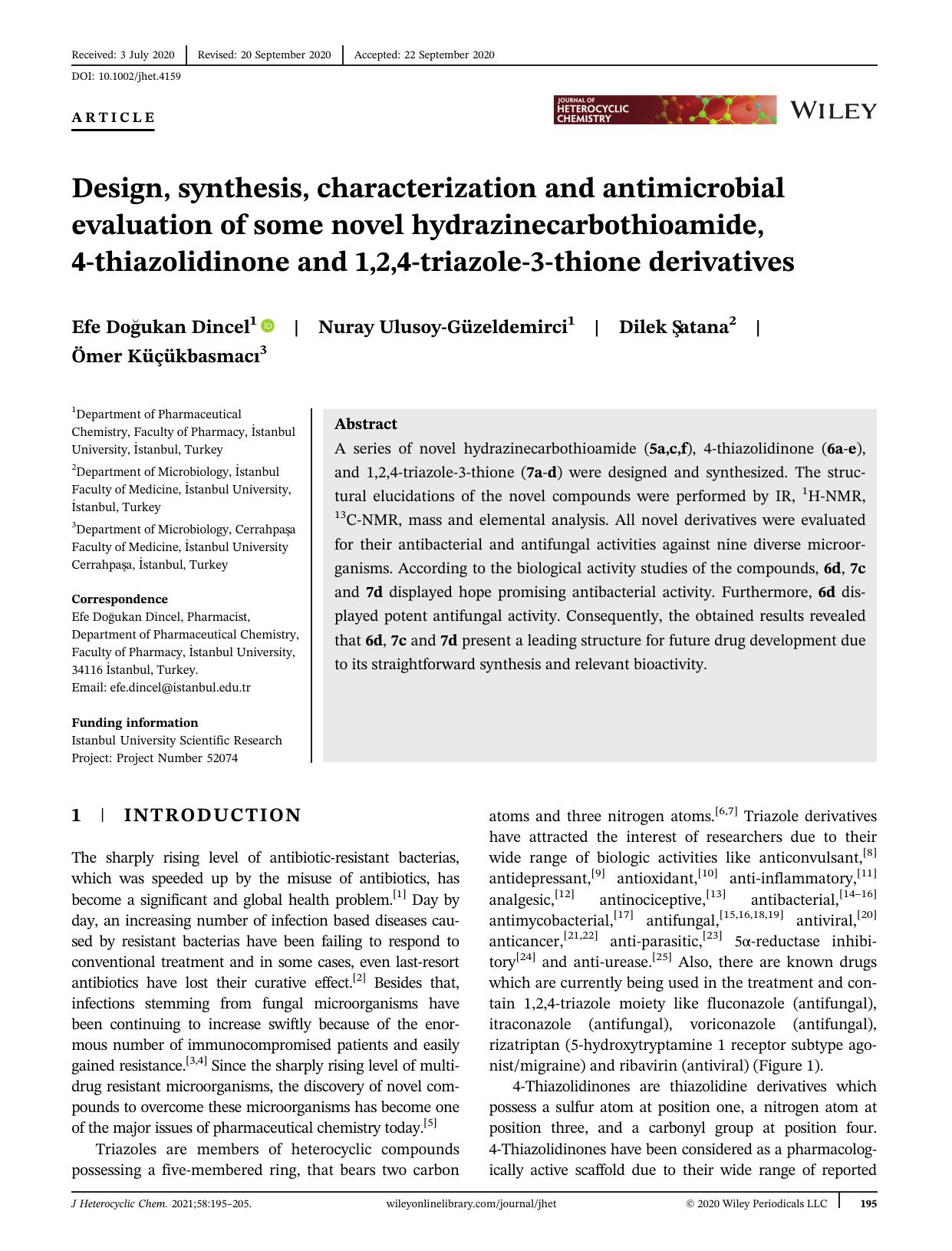 Design, synthesis, characterization and antimicrobial evaluation of some novel hydrazinecarbothioamide, 4-thiazolidinone and 1,2,4-triazole-3-thione derivatives by Unknown
