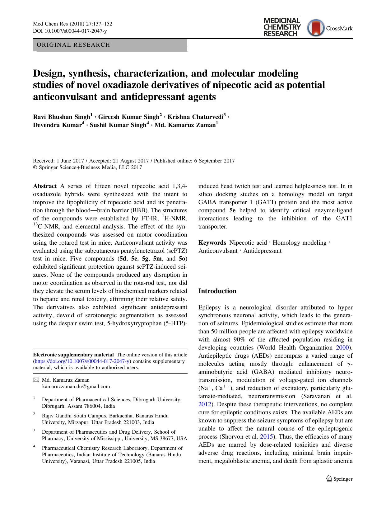 Design, synthesis, characterization, and molecular modeling studies of novel oxadiazole derivatives of nipecotic acid as potential anticonvulsant and antidepressant agents by unknow