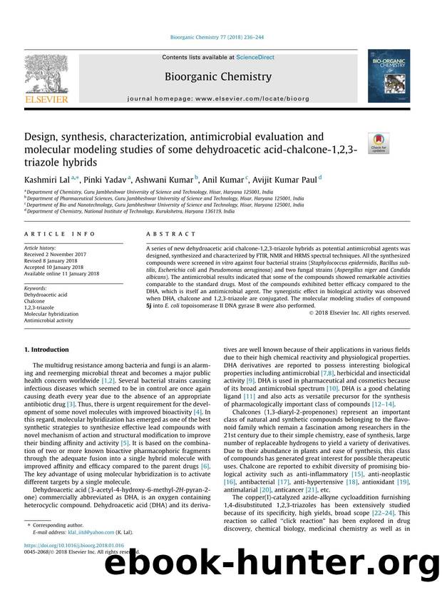 Design, synthesis, characterization, antimicrobial evaluation and molecular modeling studies of some dehydroacetic acid-chalcone-1,2,3-triazole hybrids by Kashmiri Lal & Pinki Yadav & Ashwani Kumar & Anil Kumar & Avijit Kumar Paul