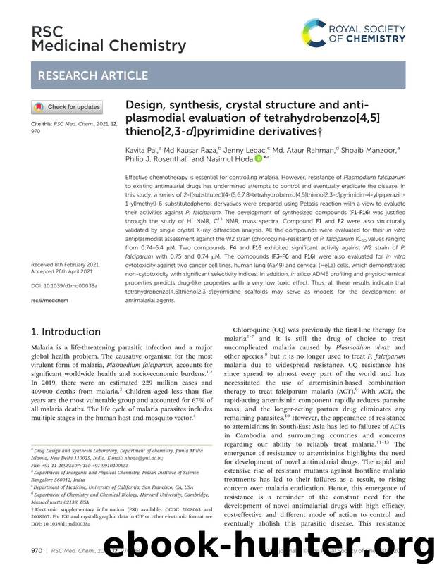 Design, synthesis, crystal structure and anti-plasmodial evaluation of tetrahydrobenzo[4,5]thieno[2,3-d]pyrimidine derivatives by unknow