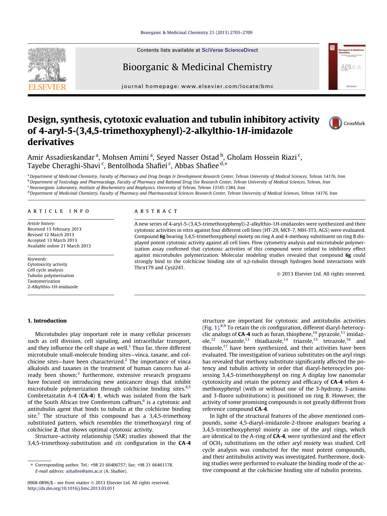 Design, synthesis, cytotoxic evaluation and tubulin inhibitory activity of 4-aryl-5-(3,4,5-trimethoxyphenyl)-2-alkylthio-1H-imidazole derivatives by unknow