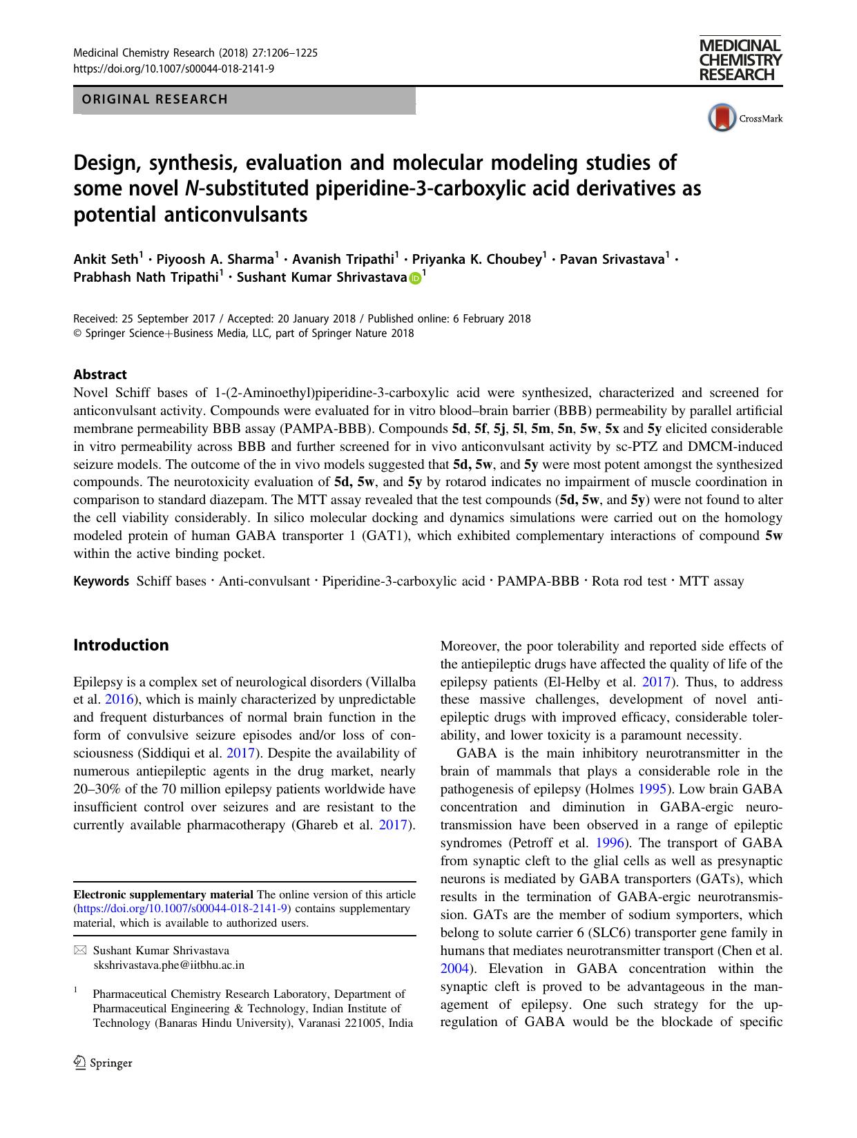 Design, synthesis, evaluation and molecular modeling studies of some novel N-substituted piperidine-3-carboxylic acid derivatives as potential anticonvulsants by unknow