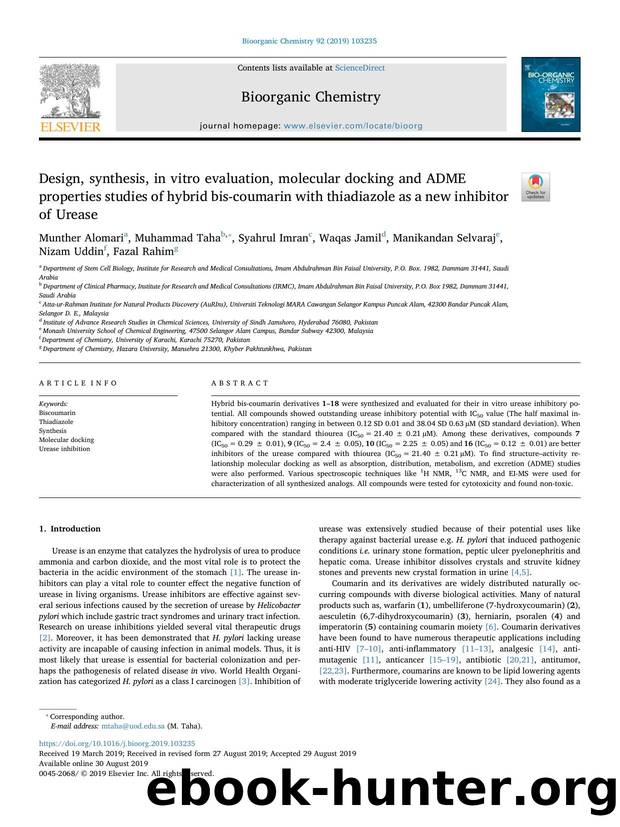 Design, synthesis, in vitro evaluation, molecular docking and ADME properties studies of hybrid bis-coumarin with thiadiazole as a new inhibitor of Urease by unknow