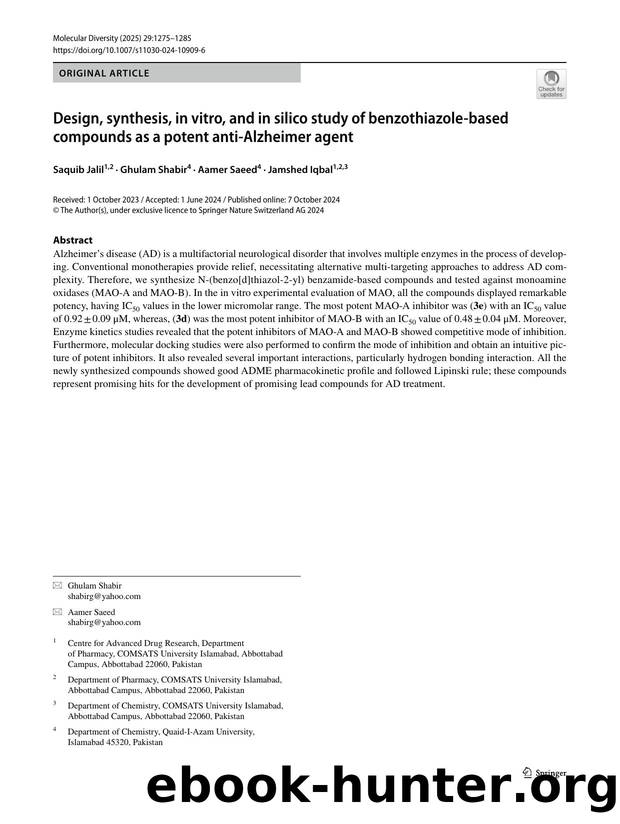 Design, synthesis, in vitro, and in silico study of benzothiazole-based compounds as a potent anti-Alzheimer agent by Saquib Jalil & Ghulam Shabir & Aamer Saeed & Jamshed Iqbal