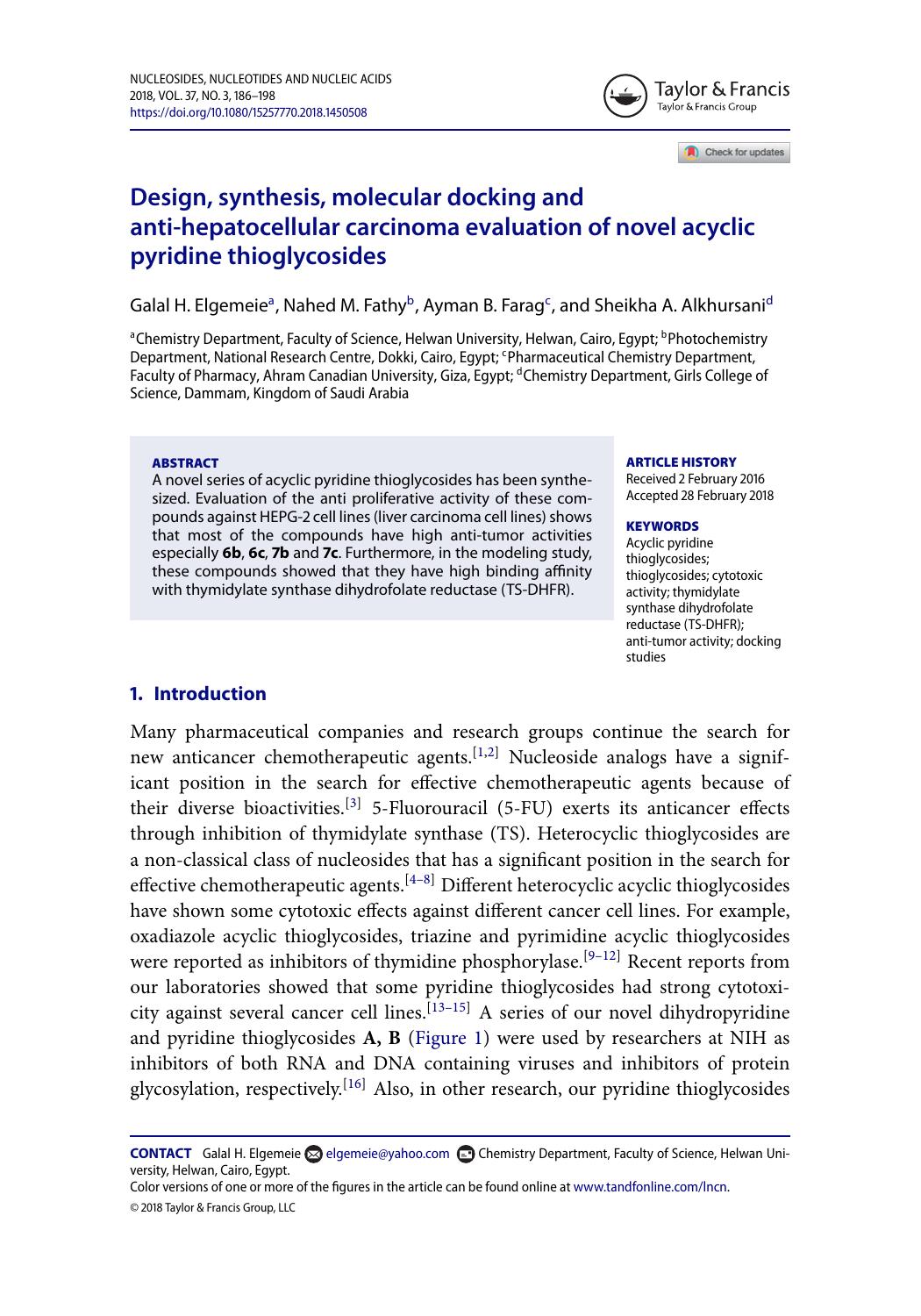 Design, synthesis, molecular docking and anti-hepatocellular carcinoma evaluation of novel acyclic pyridine thioglycosides by Galal H. Elgemeie