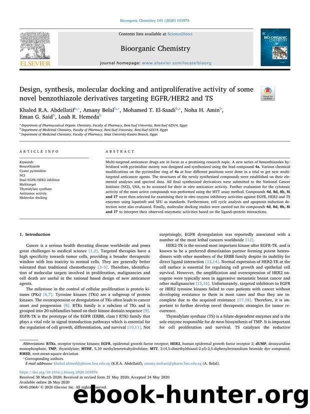 Design, synthesis, molecular docking and antiproliferative activity of some novel benzothiazole derivatives targeting EGFRHER2 and TS by unknow