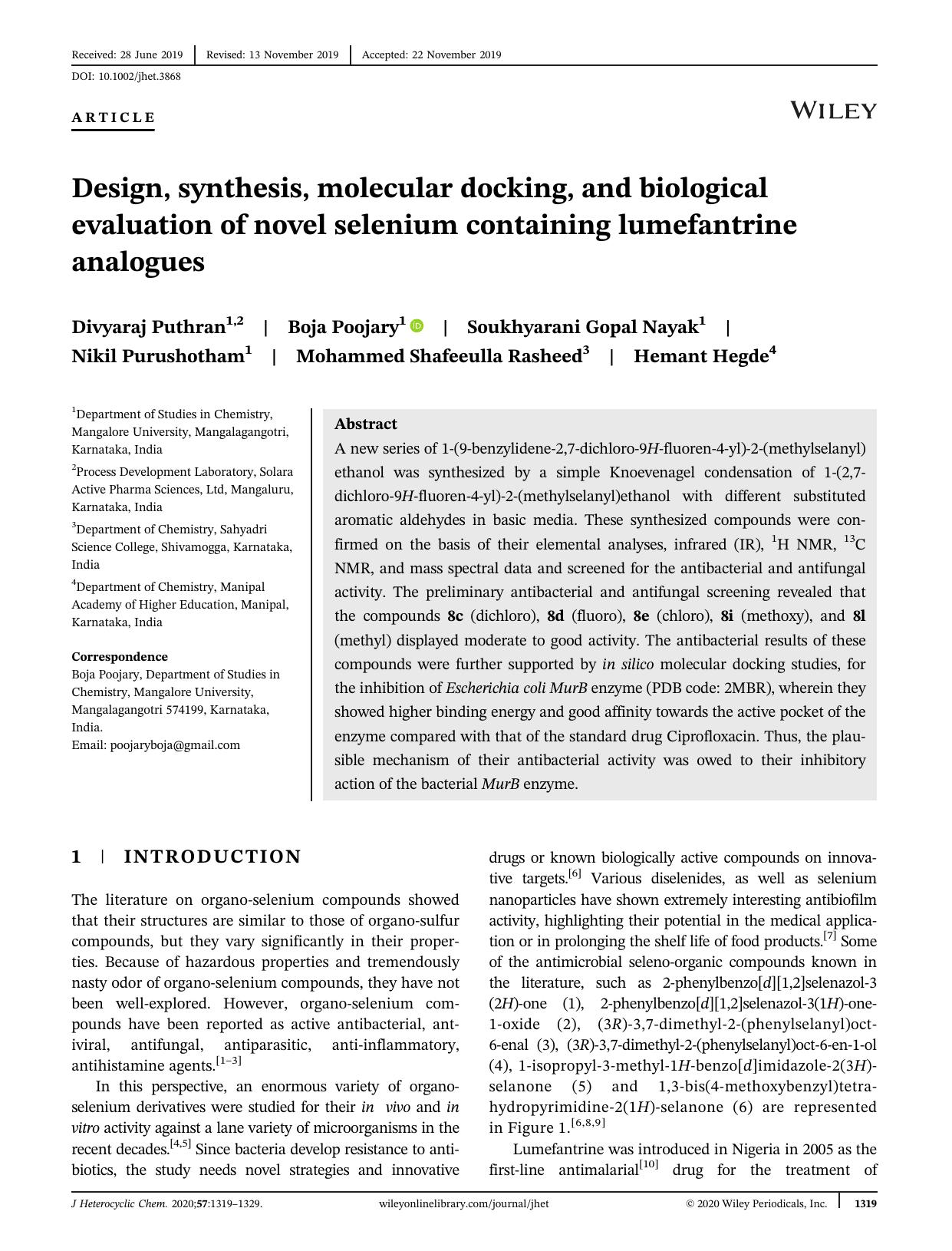 Design, synthesis, molecular docking, and biological evaluation of novel selenium containing lumefantrine analogues by unknow