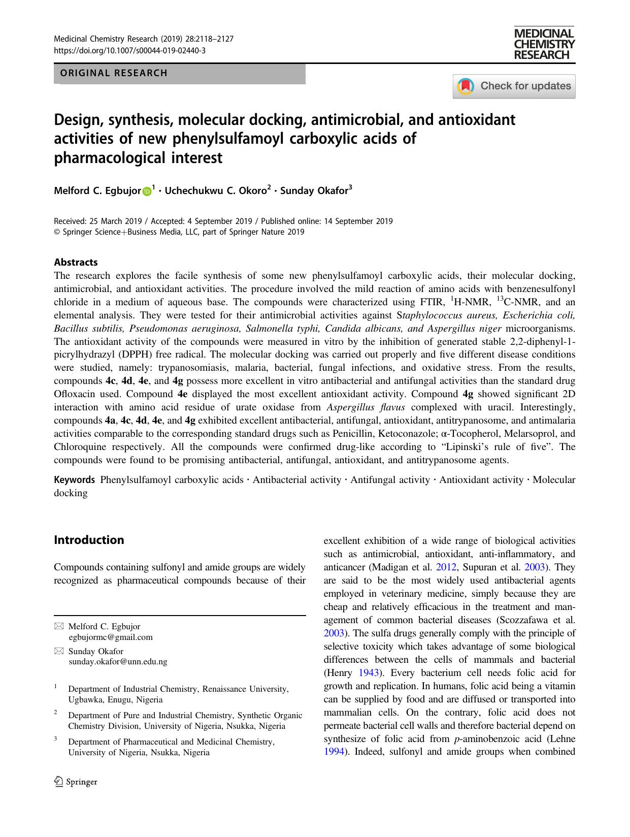 Design, synthesis, molecular docking, antimicrobial, and antioxidant activities of new phenylsulfamoyl carboxylic acids of pharmacological interest by Melford C. Egbujor & Uchechukwu C. Okoro & Sunday Okafor