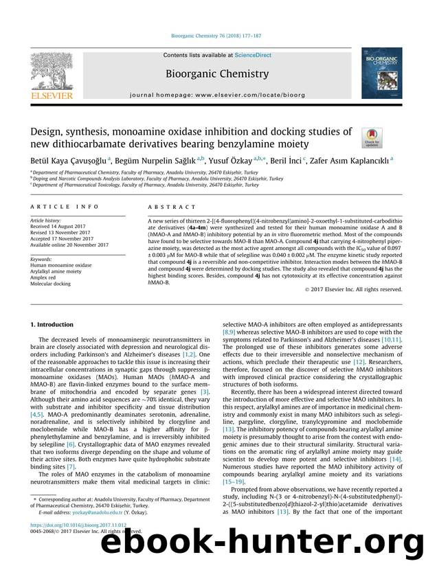 Design, synthesis, monoamine oxidase inhibition and docking studies of new dithiocarbamate derivatives bearing benzylamine moiety by unknow