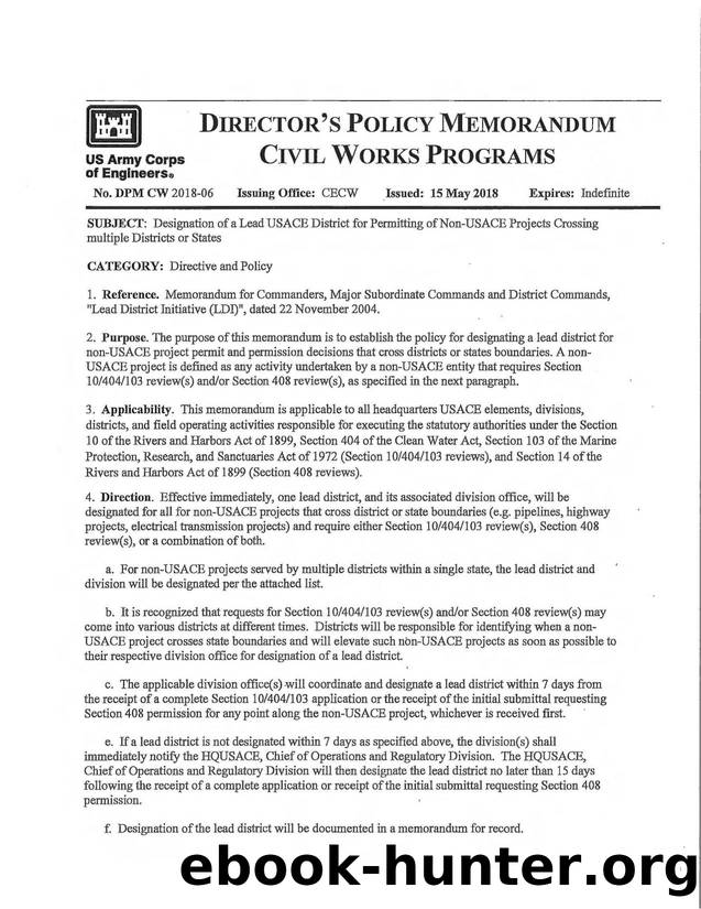 Designation of a Lead USACE District by Unknown