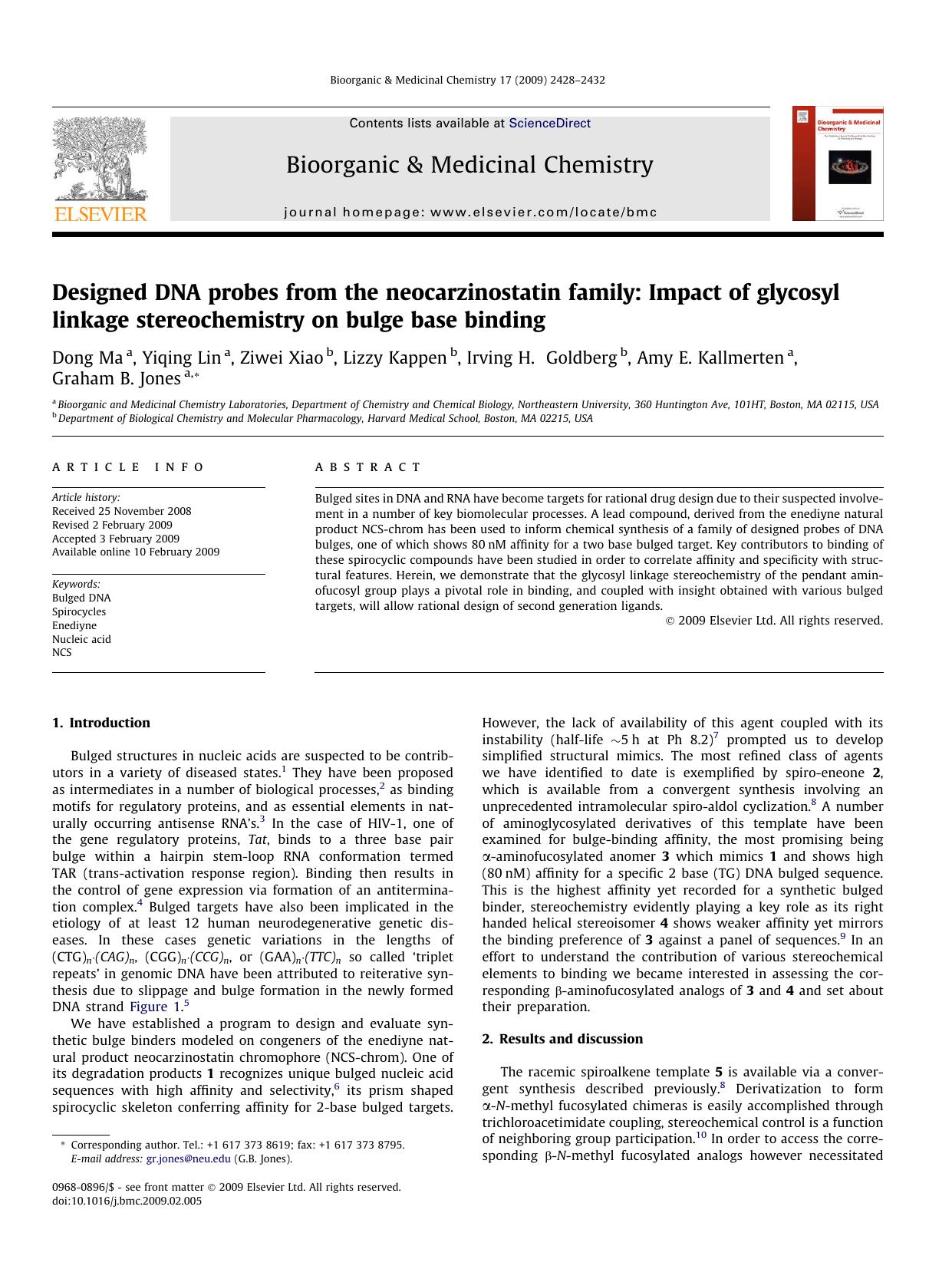 Designed DNA probes from the neocarzinostatin family: Impact of glycosyl linkage stereochemistry on bulge base binding by unknow