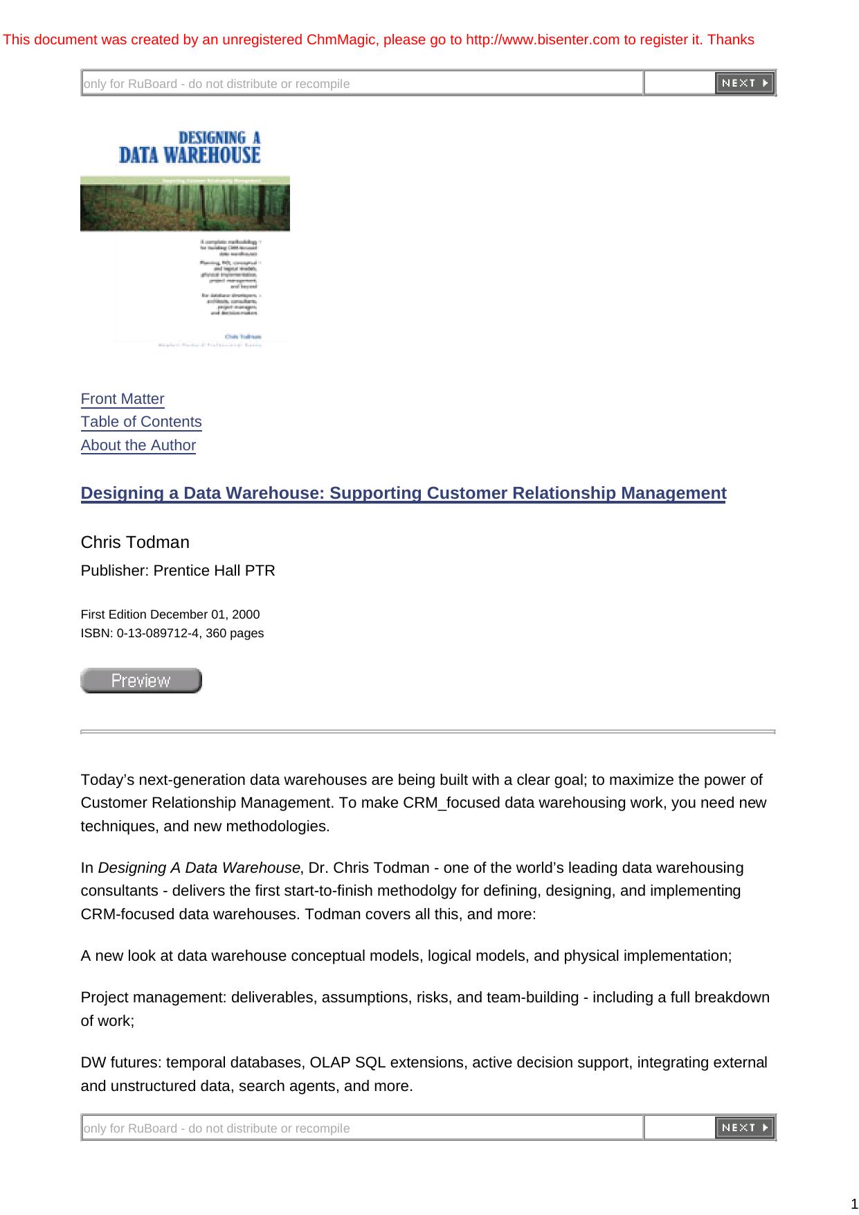 Designing A Data Warehouse: Supporting Customer Relationship Management by Chris Todman