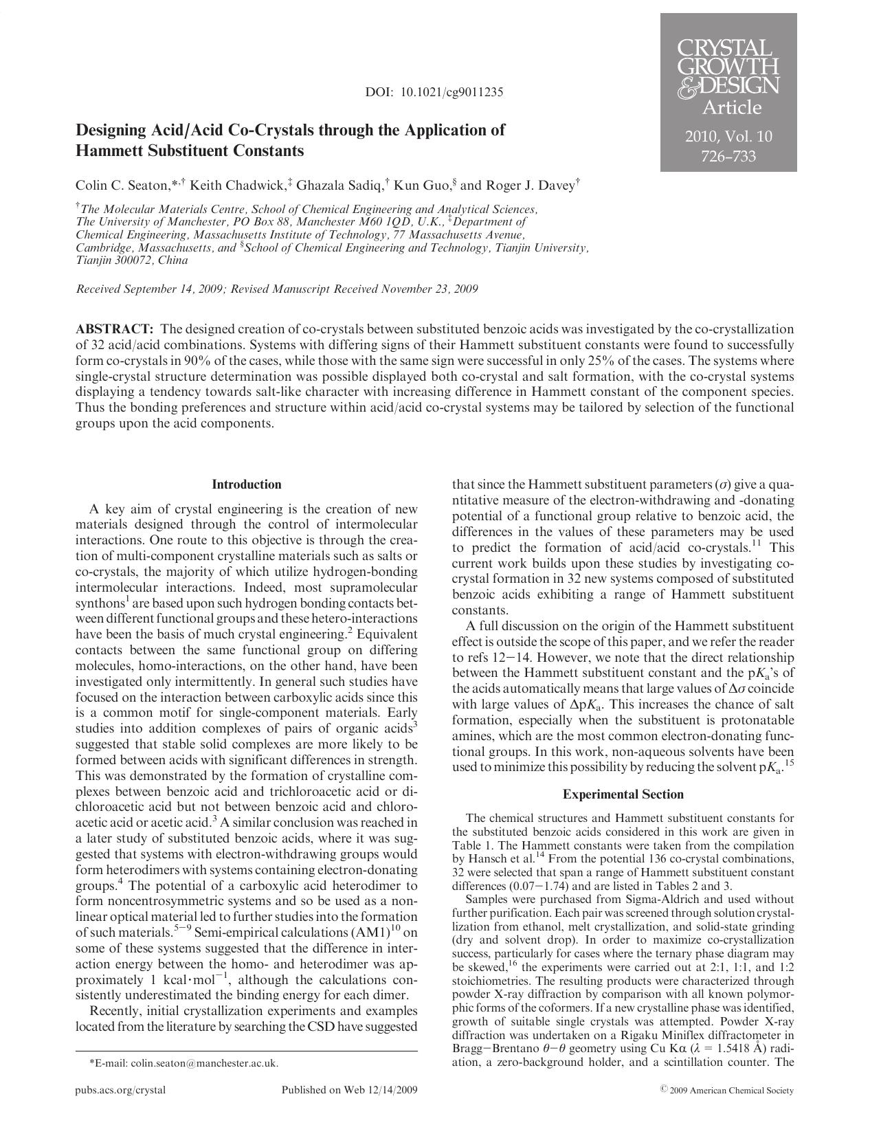 Designing AcidAcid Co-Crystals through the Application of Hammett Substituent Constants by Unknown