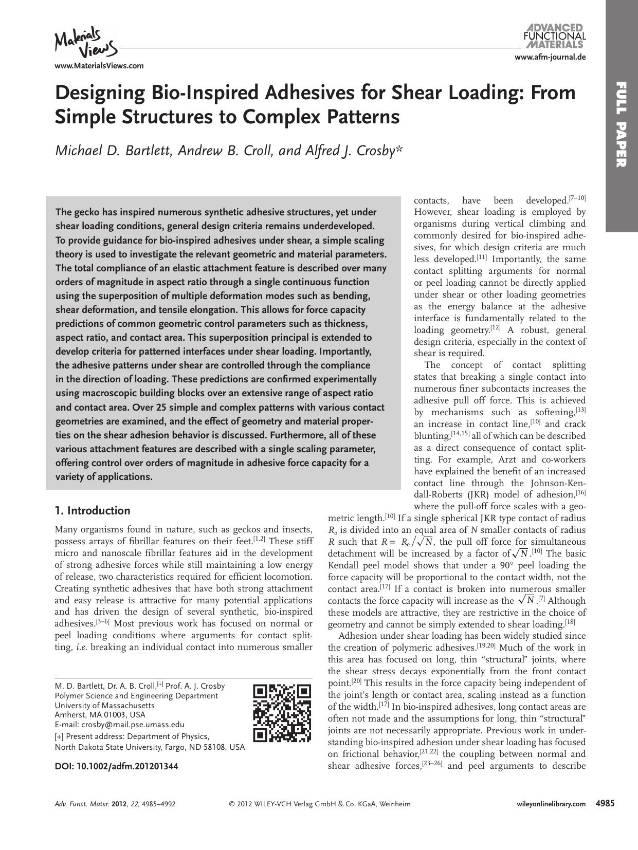 Designing BioInspired Adhesives for Shear Loading: From Simple Structures to Complex Patterns by vng