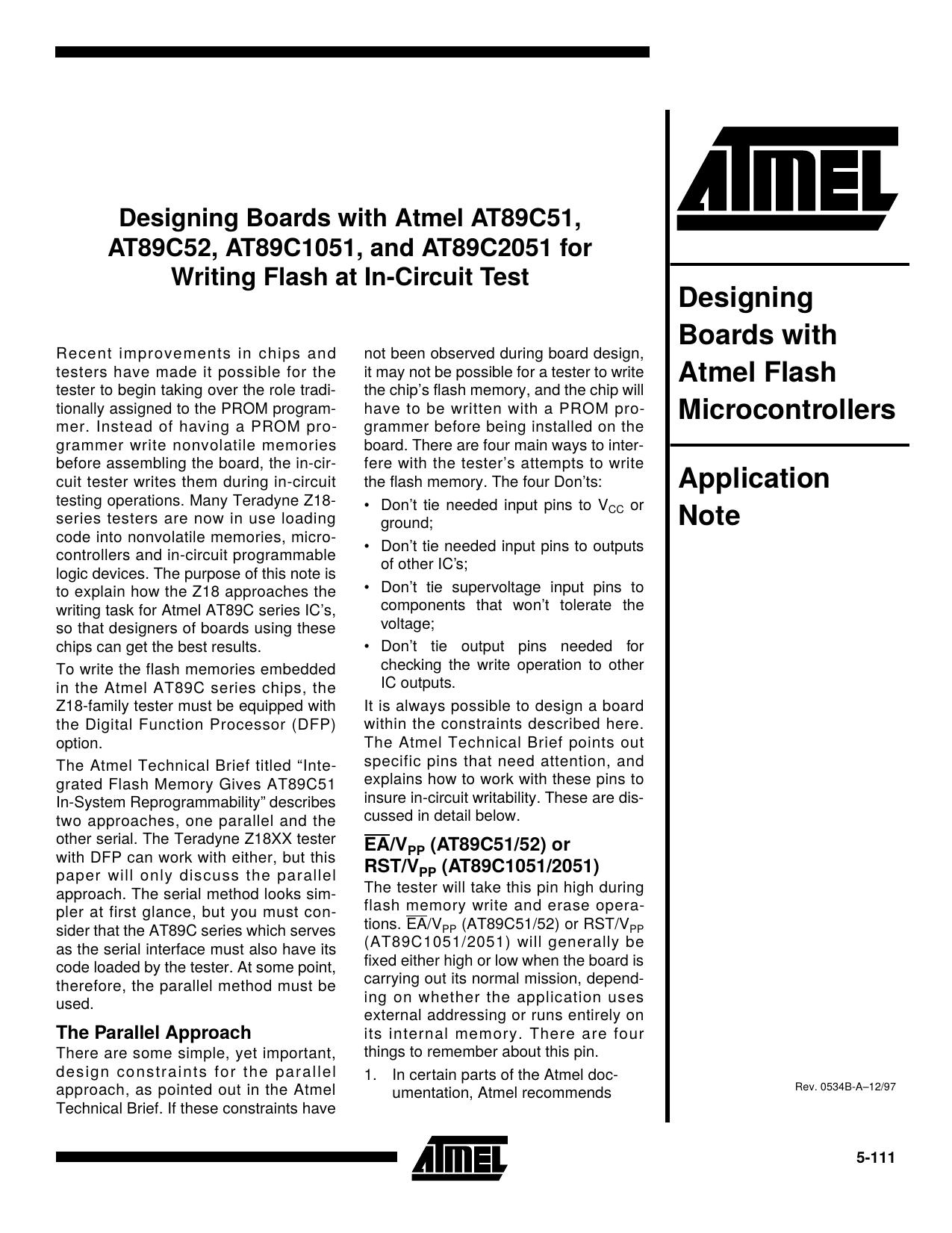 Designing Boards with Atmel AT89C51, At89C52, AT89C1051, and AT89C2051 for Writing Flash at In-Circuit Test Application Note by Unknown