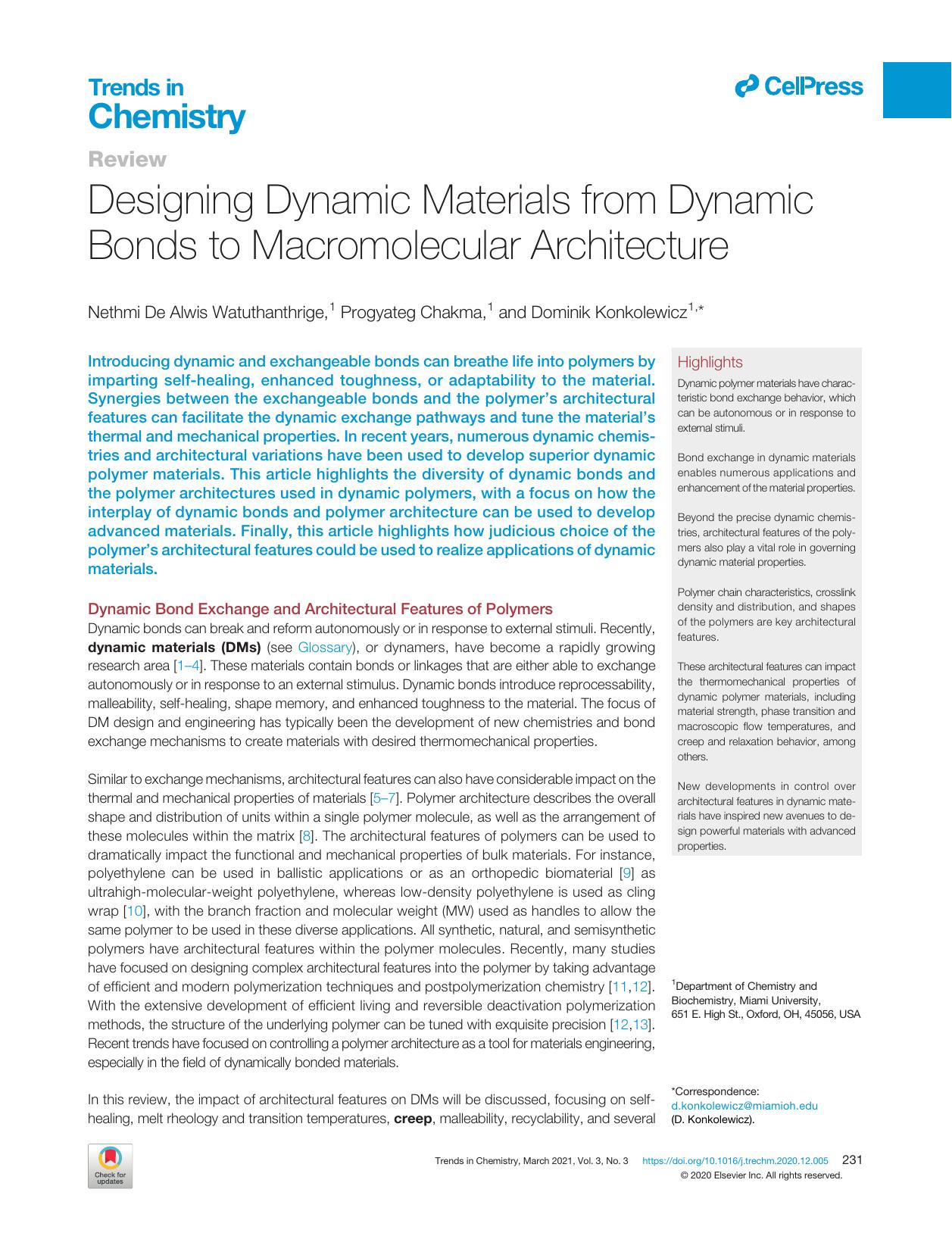 Designing Dynamic Materials from Dynamic Bonds to Macromolecular Architecture by Nethmi De Alwis Watuthanthrige & Progyateg Chakma & Dominik Konkolewicz