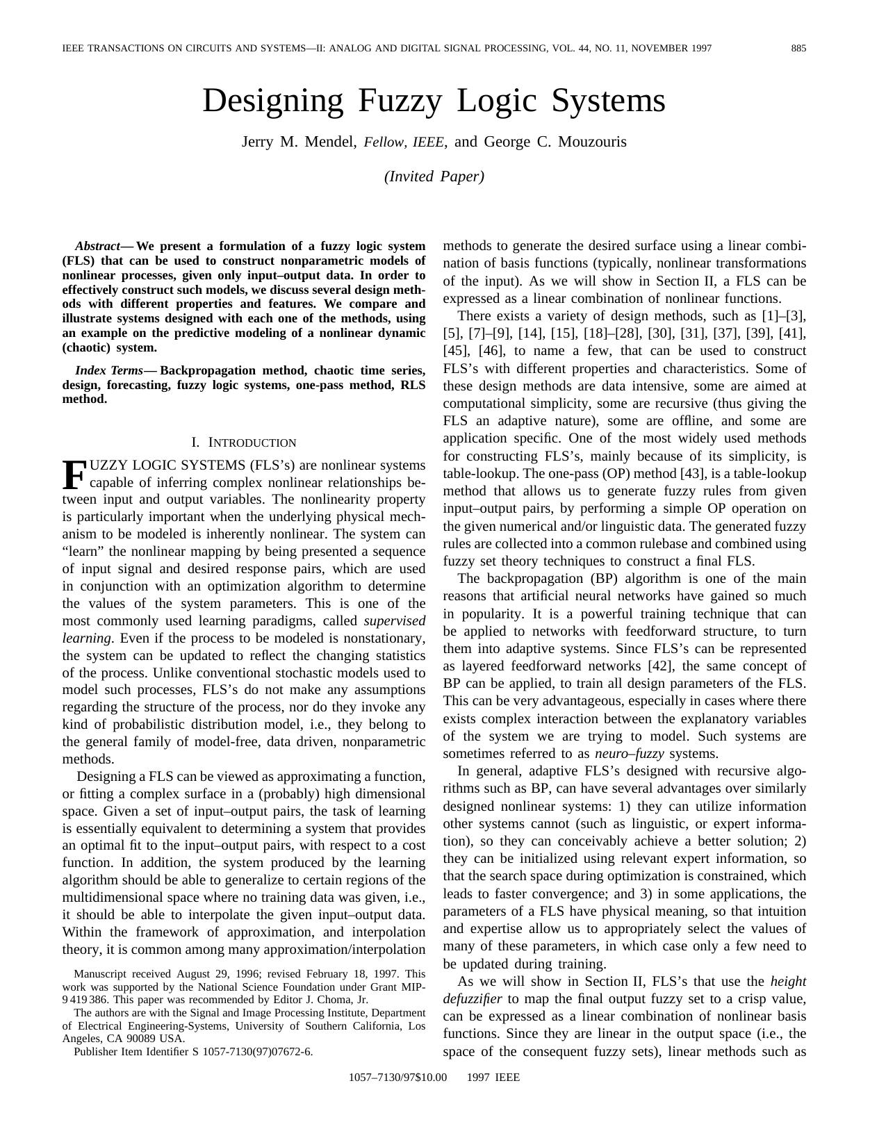 Designing Fuzzy Logic Systems - Circuits and Systems II: Analog and Digital Signal Processing, IEEE Transactions on by IEEE