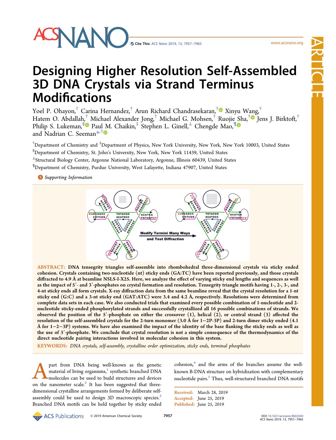 Designing Higher Resolution Self-Assembled 3D DNA Crystals via Strand Terminus Modifications by unknow
