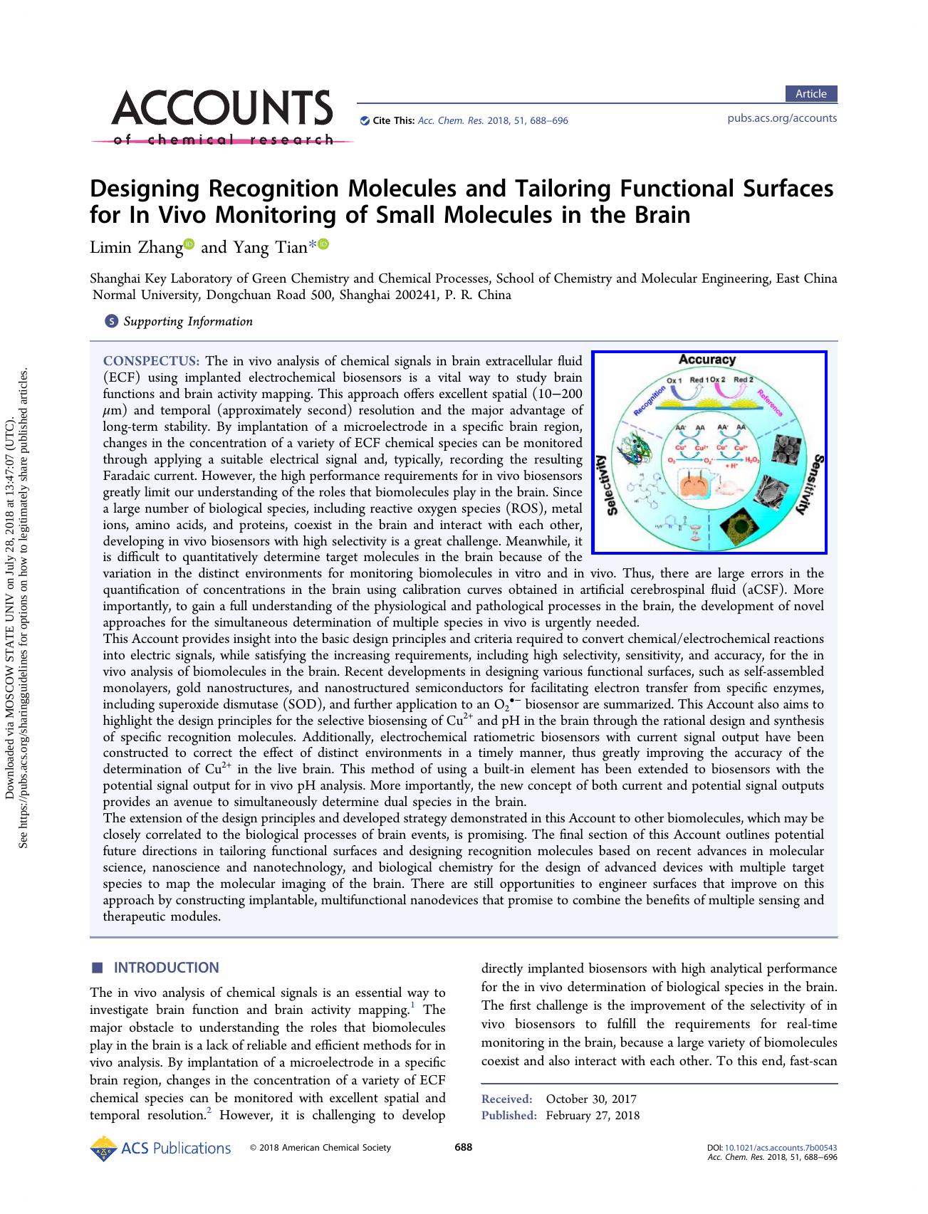 Designing Recognition Molecules and Tailoring Functional Surfaces for In Vivo Monitoring of Small Molecules in the Brain by Limin Zhang & Yang Tian