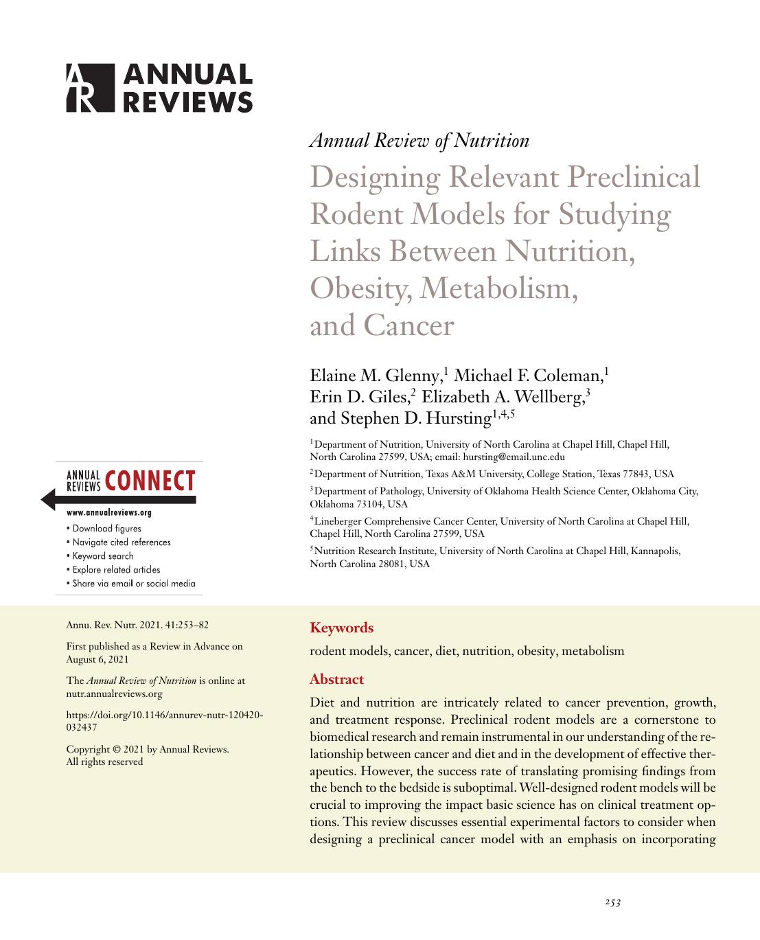 Designing Relevant Preclinical Rodent Models for Studying Links Between Nutrition, Obesity, Metabolism, and Cancer by Elaine M. Glenny Michael F. Coleman Erin D. Giles Elizabeth A. Wellberg Stephen D. Hursting