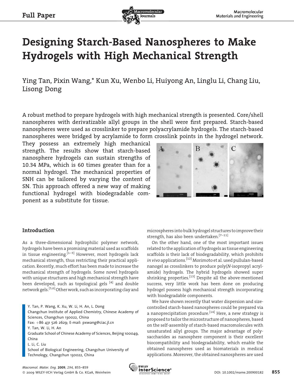 Designing Starch-Based Nanospheres to Make Hydrogels with High Mechanical Strength by Unknown