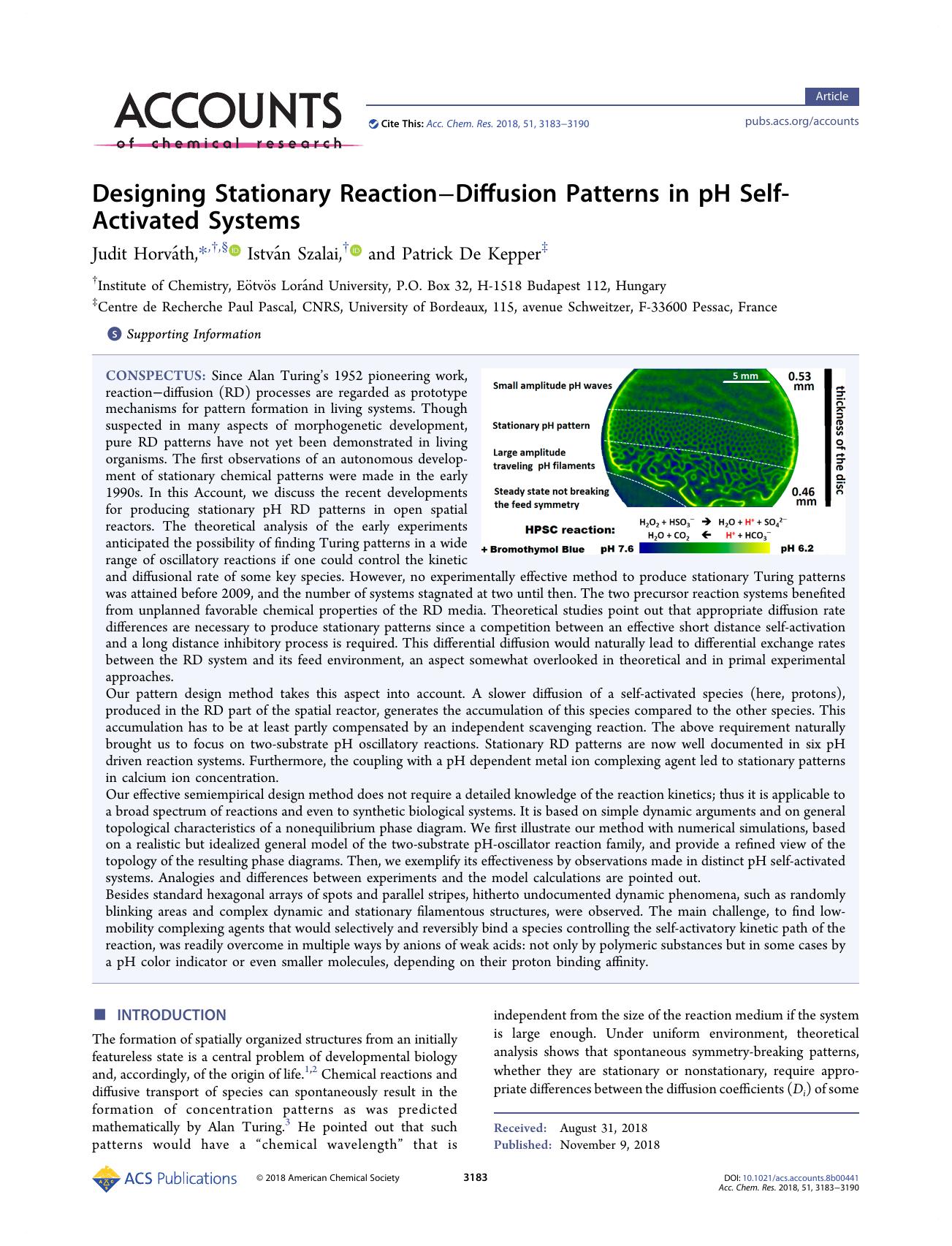Designing Stationary ReactionâDiffusion Patterns in pH Self-Activated Systems by Judit Horváth; István Szalai; Patrick De Kepper & István Szalai & Patrick De Kepper