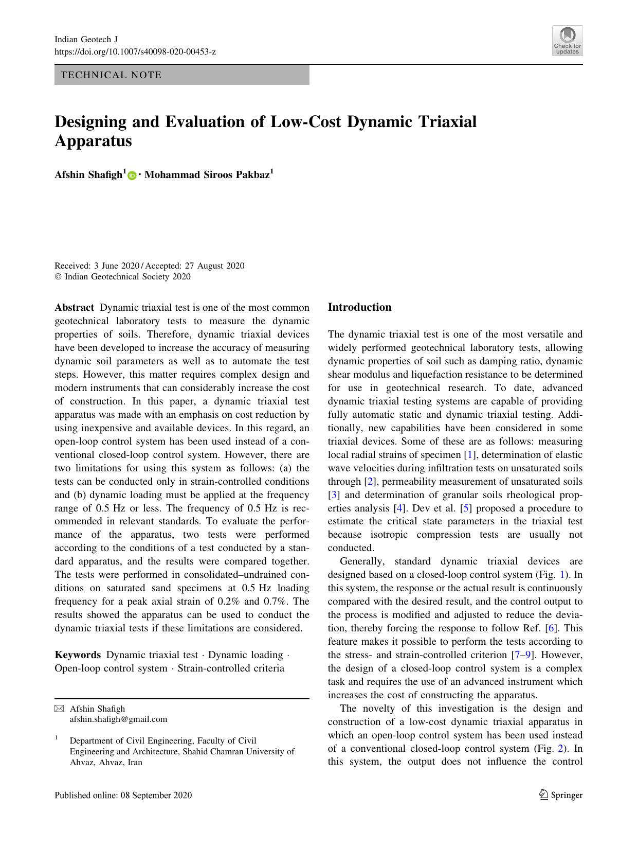 Designing and Evaluation of Low-Cost Dynamic Triaxial Apparatus by Afshin Shafigh & Mohammad Siroos Pakbaz
