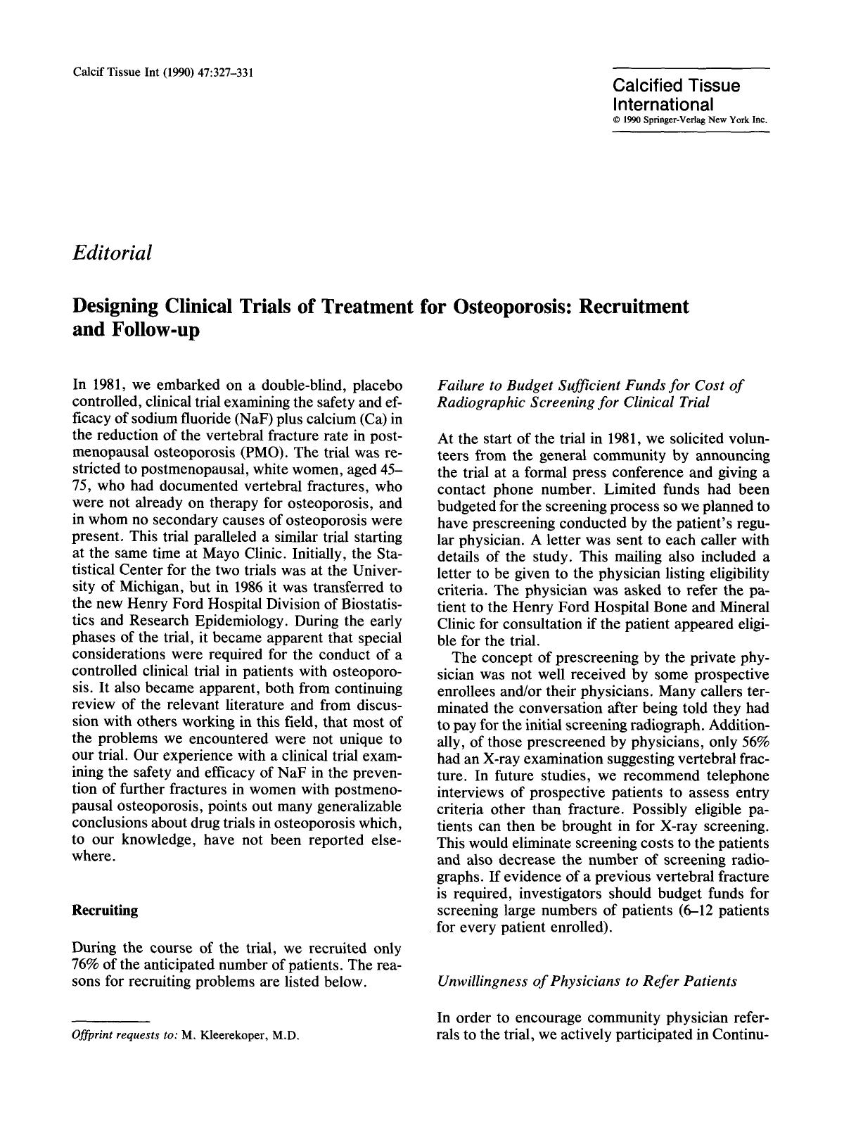 Designing clinical trials of treatment for osteoporosis: Recruitment and follow-up by Unknown