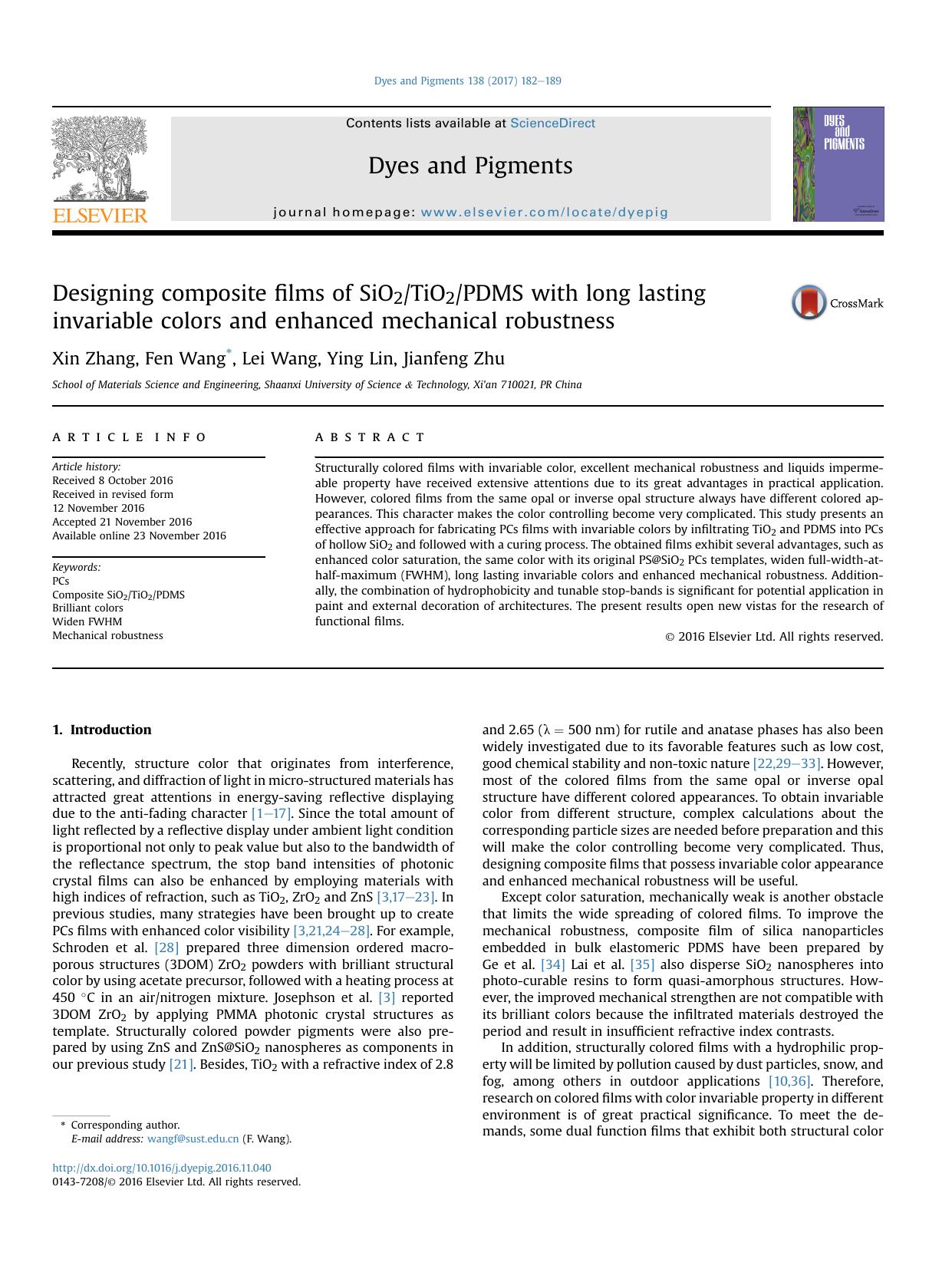 Designing composite films of SiO2TiO2PDMS with long lasting invariable colors and enhanced mechanical robustness by Xin Zhang & Fen Wang & Lei Wang & Ying Lin & Jianfeng Zhu