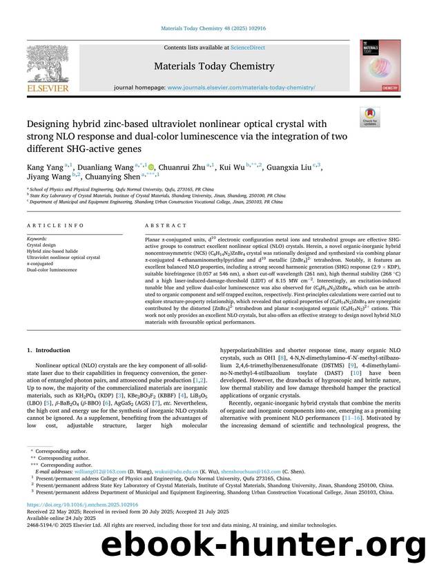 Designing hybrid zinc-based ultraviolet nonlinear optical crystal with strong NLO response and dual-color luminescence via the integration of two different SHG-active genes by Kang Yang