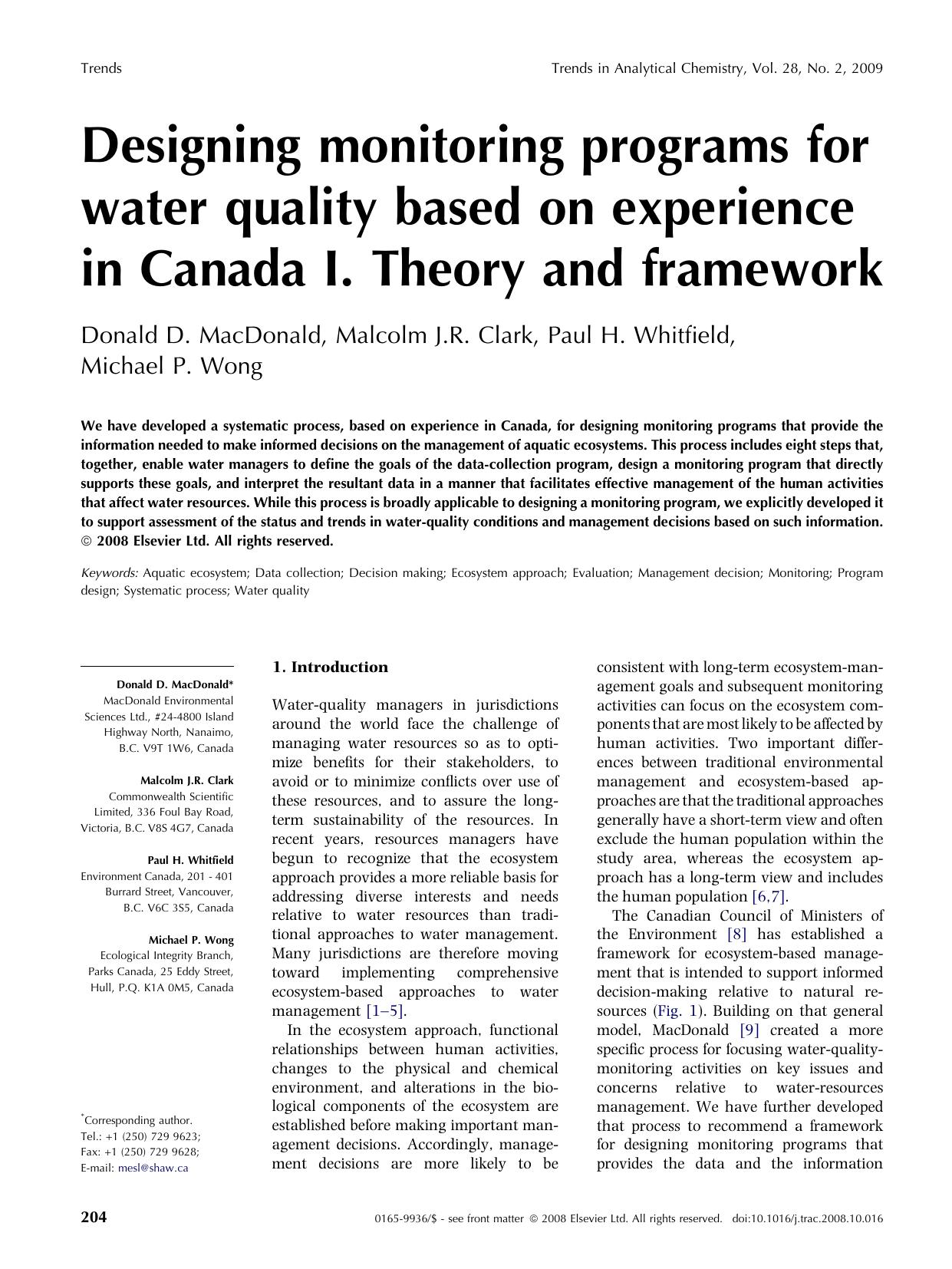 Designing monitoring programs for water quality based on experience in Canada I. Theory and framework by Donald D. MacDonald; Malcolm J.R. Clark; Paul H. Whitfield; Michael P. Wong