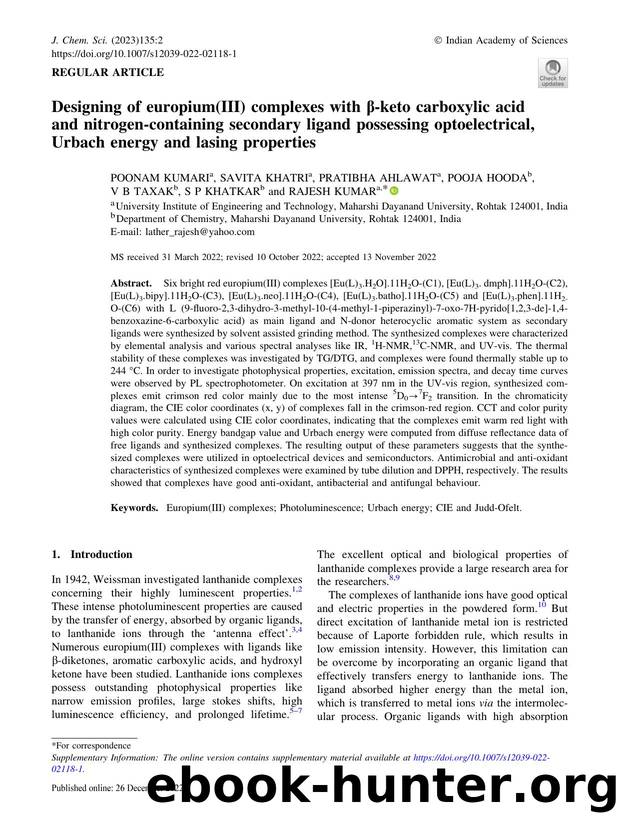 Designing of europium(III) complexes with Î²-keto carboxylic acid and nitrogen-containing secondary ligand possessing optoelectrical, Urbach energy and lasing properties by unknow
