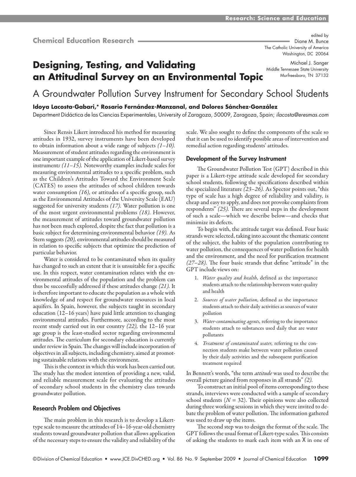 Designing, Testing, and Validating an Attitudinal Survey on an Environmental Topic. A Groundwater Pollution Survey Instrument for Secondary School Students by Idoya Lacosta Gabari Rosario Fernandez Manzanal and Dolores Sanchez Gonzalez