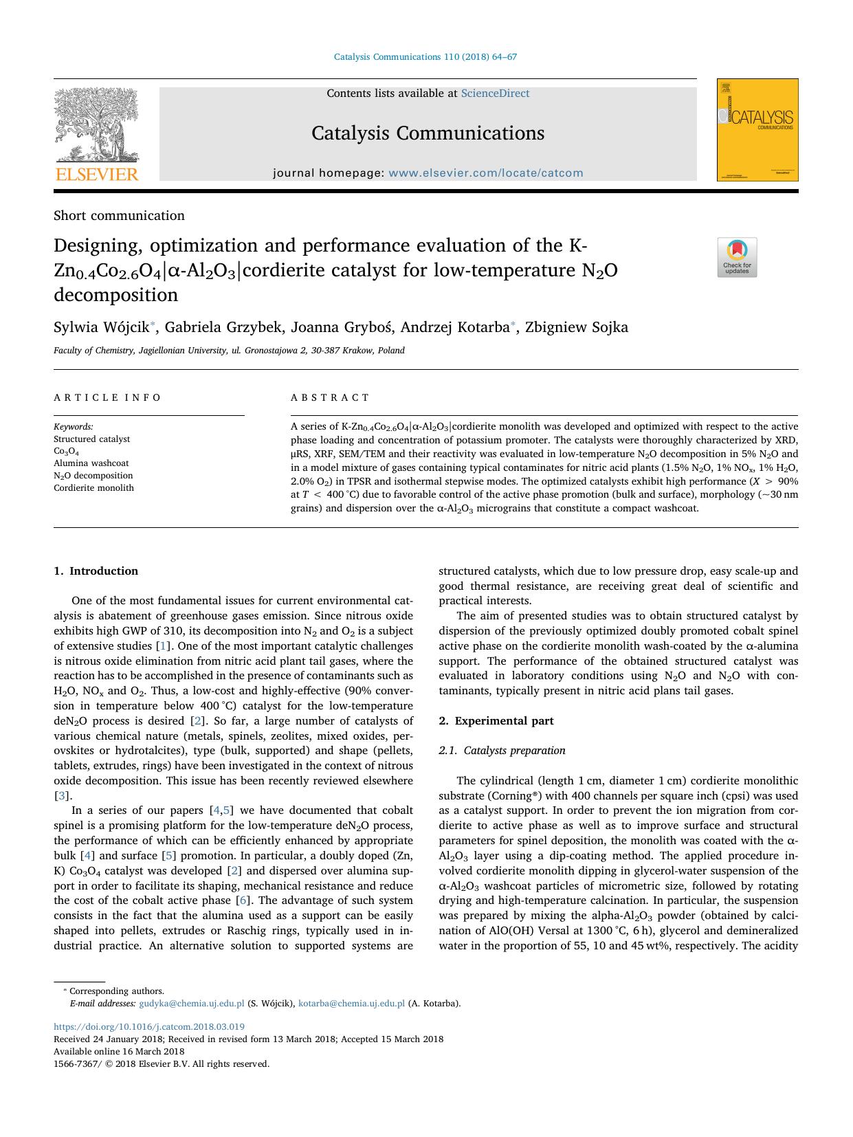 Designing, optimization and performance evaluation of the K-Zn0.4Co2.6O4|Î±-Al2O3|cordierite catalyst for low-temperature N2O decomposition by Sylwia Wójcik & Gabriela Grzybek & Joanna Gryboś & Andrzej Kotarba & Zbigniew Sojka