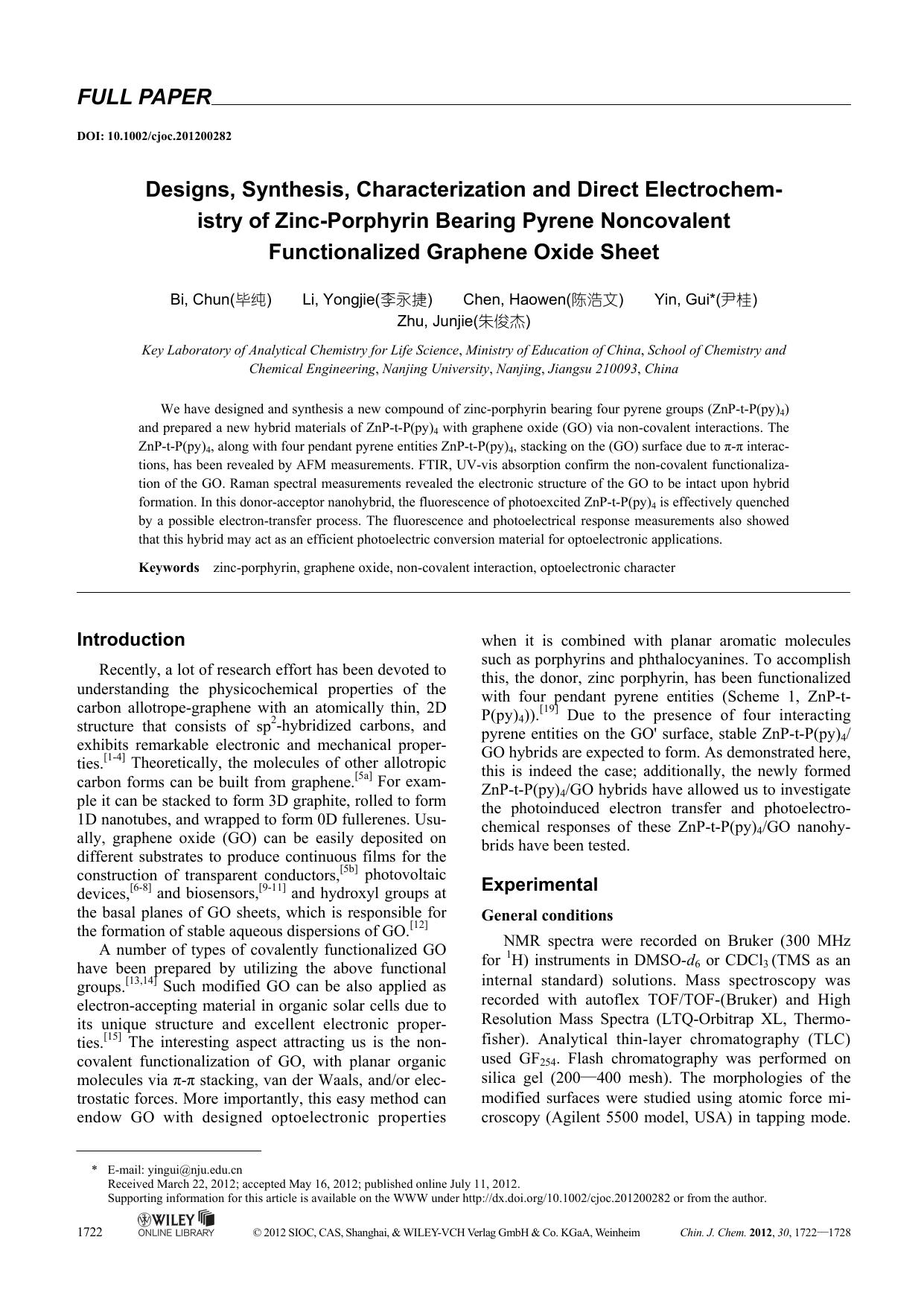 Designs, Synthesis, Characterization and Direct Electrochemistry of ZincPorphyrin Bearing Pyrene Noncovalent Functionalized Graphene Oxide Sheet by uy