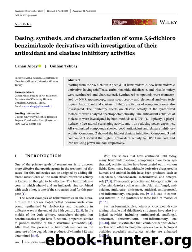 Desing, synthesis and characterization of some 5,6âdichloro benzimidazole derivatives with investigation of their antioxidant and elastase inhibitory activities by Unknown