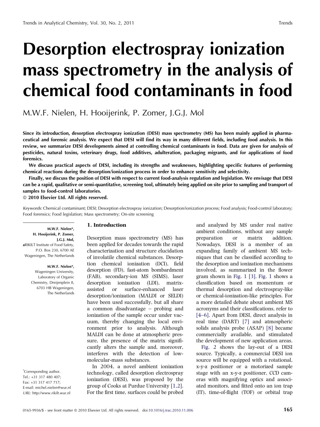 Desorption electrospray ionization mass spectrometry in the analysis of chemical food contaminants in food by M.W.F. Nielen & H. Hooijerink & P. Zomer & J.G.J. Mol