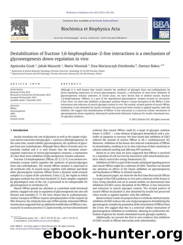 Destabilization of fructose 1,6-bisphosphataseâZ-line interactions is a mechanism of glyconeogenesis down-regulation in vivo by Agnieszka Gizak & Jakub Mazurek & Marta Wozniak & Ewa Maciaszczyk-Dziubinska & Dariusz Rakus